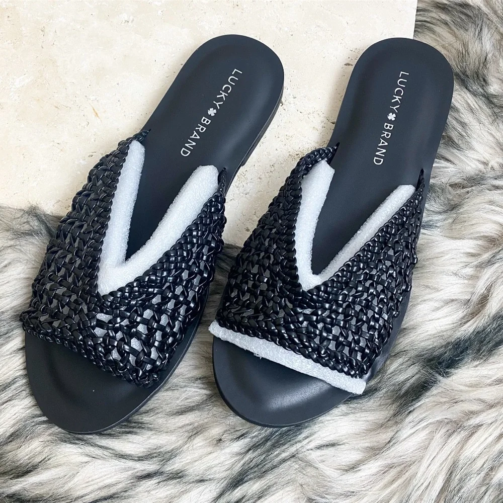 Lucky Brand Black Mesh Knitted Slip On Slide Sandals Adolela Woven Boho Chic - Picture 3 of 6